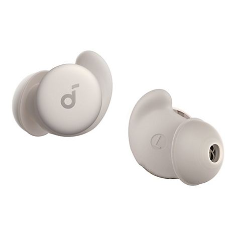 Zwei beige Soundcore In-Ear-Kopfhörer vor weißem Hintergrund. Einer zeigt das Logo, der andere die Passform.