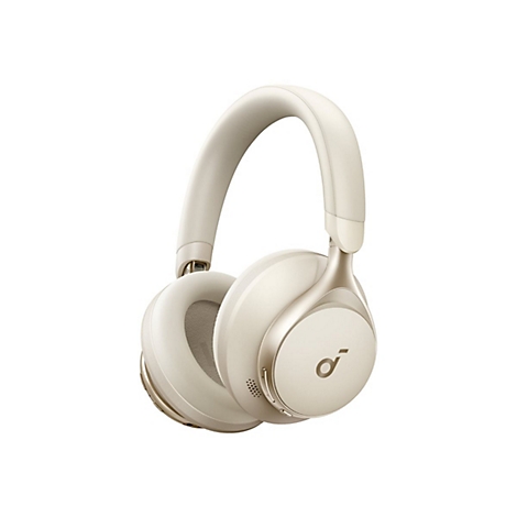 Beige Over-Ear-Kopfhörer mit dem Soundcore-Logo auf der Ohrmuschel vor weißem Hintergrund.