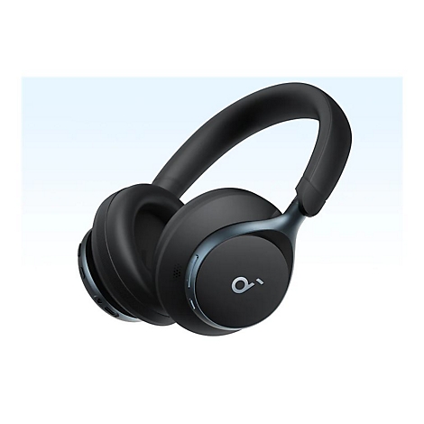 Schwarze kabellose Over-Ear-Kopfhörer mit Soundcore-Logo auf einem hellblauen Hintergrund.