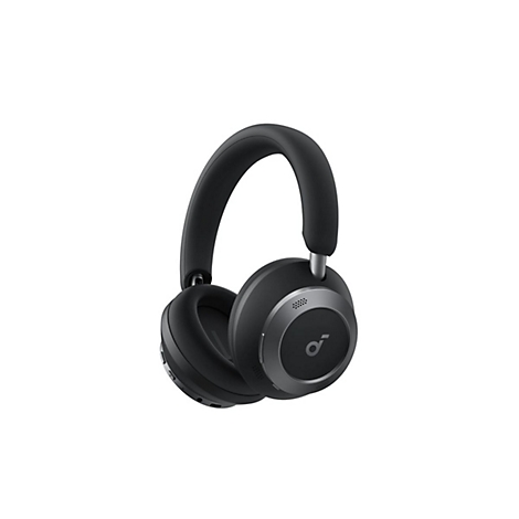 Schwarze kabellose Over-Ear-Kopfhörer vor weißem Hintergrund mit silbernem Logo und Designelementen.
