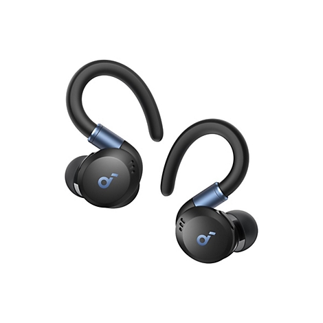 Schwarze In-Ear-Kopfhörer mit Ohrbügeln und blauem Logo auf weißem Hintergrund.