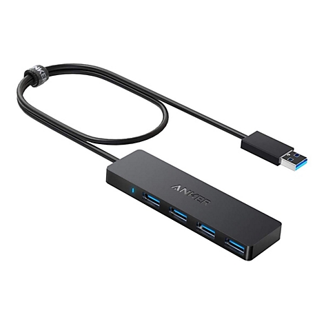 Schwarzer Anker USB-Hub mit vier Anschlüssen und angeschlossenem USB-Kabel vor weißem Hintergrund.