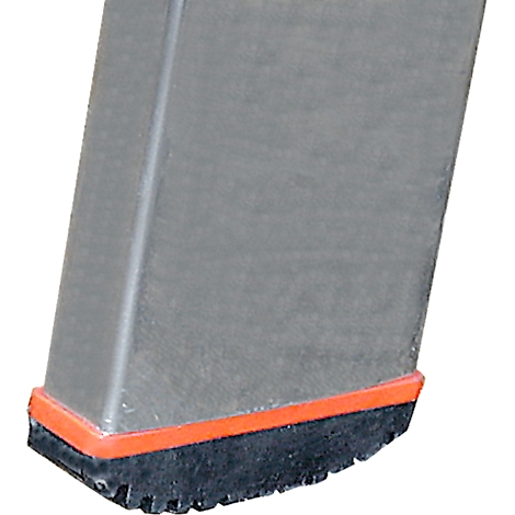 Graues Tischbein mit schwarzem Gummipuffer und rotem Rand.