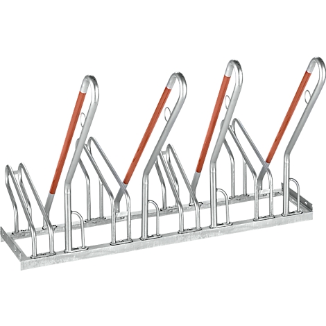 Fahrradständer aus Metall, mit braunen Griffen. Freistehend für mehrere Fahrräder.