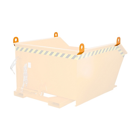 Conteneur à déchets beige avec des anneaux de levage orange et des bandes d'avertissement.