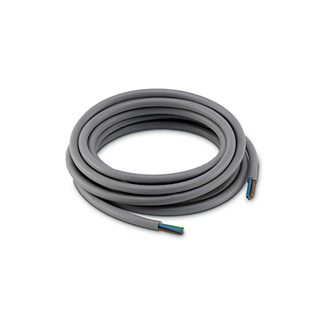 Graues Kabel, aufgerollt, mit freiliegenden Drähten an den Enden, isoliert auf weissem Hintergrund.