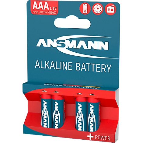 Packaging of four AAA batteries by Ansmann. Top left: details; logo. Inscription: Alkaline Battery.