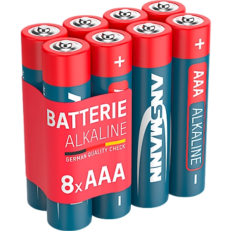 Eight AAA batteries, red and blue design, Ansmann brand, with the inscription 'Batterie Alkaline'.