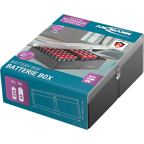 Battery box, filled with batteries. Product information and logo are clearly visible on the packaging.