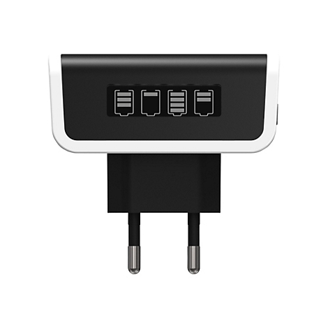 Schwarzes Wandladegerät mit vier Batterieladeanzeigen auf der Vorderseite vor weißem Hintergrund.