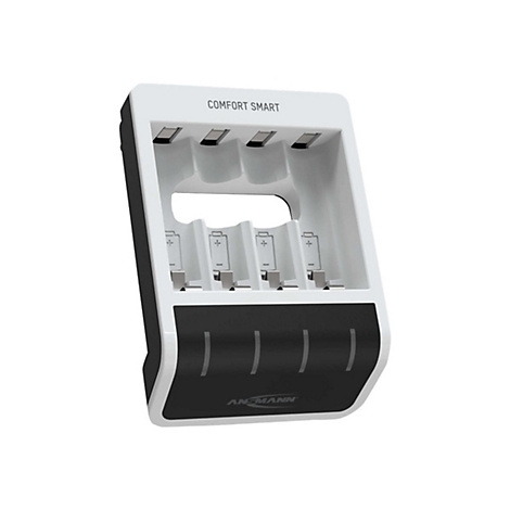 Weißes Batterieladegerät COMFORT SMART für vier Akkus mit schwarzer Frontblende und Ansmann-Logo.