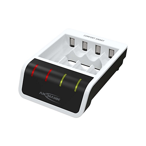 Weiß-schwarzes Ansmann Ladegerät Comfort Smart für vier Akkus mit LED-Statusanzeige vor weißem Hintergrund.