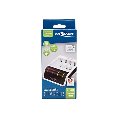 Ansmann Comfort Smart Ladegerät in blauer Produktverpackung mit Produktabbildung und technischen Informationen.