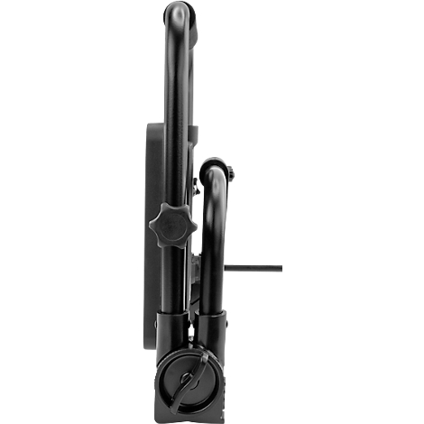Black tripod with triangular base and multiple joints.