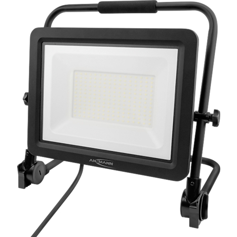 Black LED construction spotlight with carrying handle and stand. The bright light surface is white.