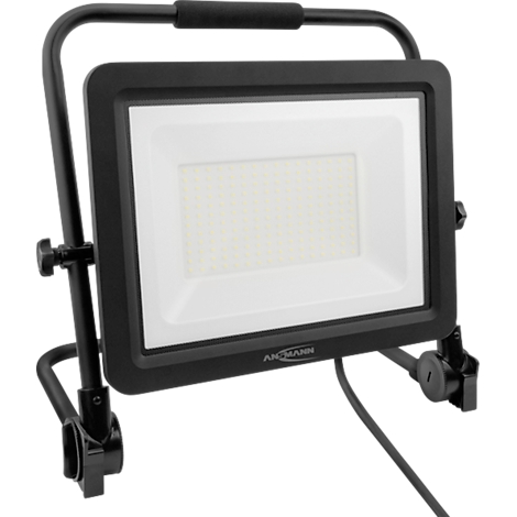 Black LED floodlight with carrying handle, white light field, and cable. The brand 'AMMANN' is visible.