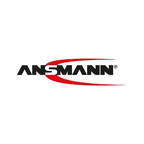 Das Firmenlogo von Ansmann mit schwarzem Schriftzug und rotem geschwungenem Element.