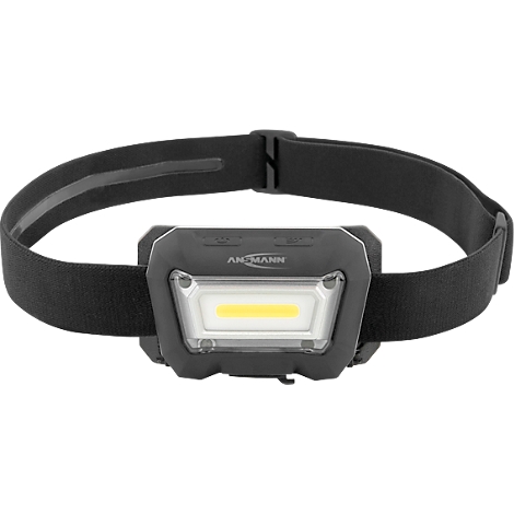 Black headlamp with wide headband and rectangular light field with yellowish light.