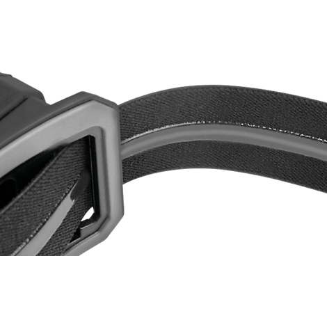 Close-up of black glasses with gray accents and a black band.