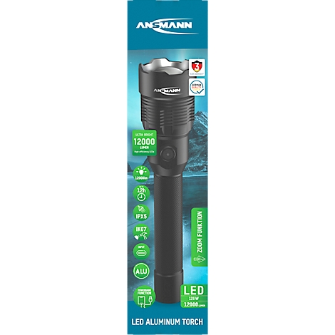 Black LED aluminum torch with green labels and the writing 'ANSMANN'.