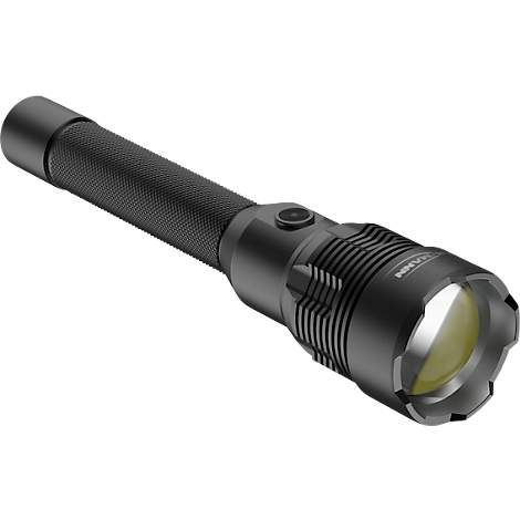 Black flashlight with a textured handle and a button. The light beam is yellow.