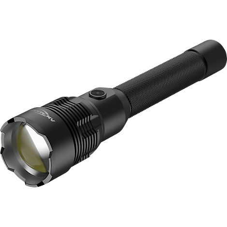 Black flashlight with ridged surface, on/off button.