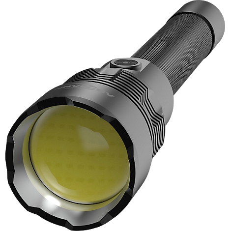 A silver-gray flashlight with a ribbed handle and yellow light. The lamp is slightly angled.