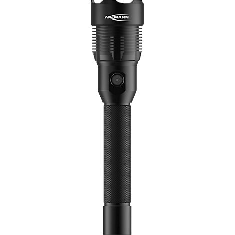 Black flashlight with AN-MANN lettering. It has an on/off switch and a ribbed housing.