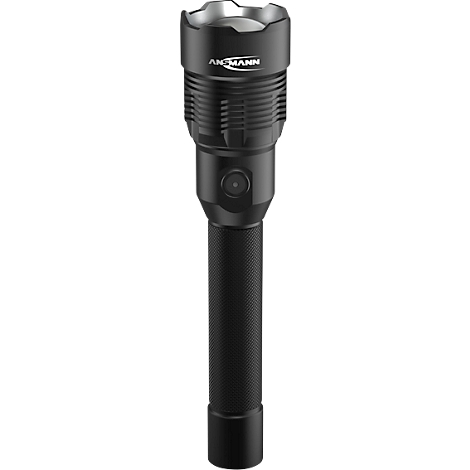Black LED flashlight with the inscription "ANSMANN" and an on / off switch.