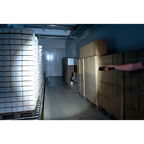 A person holds a flashlight in a warehouse. Pallets with boxes on the left, stacks of boxes on the right.