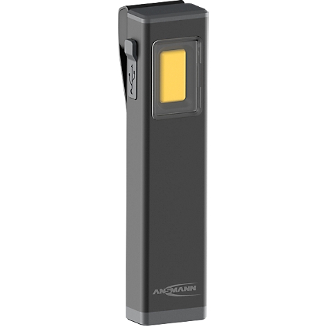 Donkergrijze zaklamp met helder geel licht. Met USB-poort en merknaam.