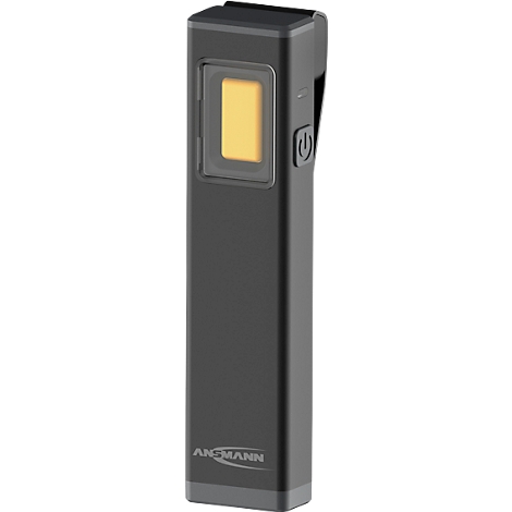 Gray LED work light with yellow illuminated area, on/off switch and company logo.