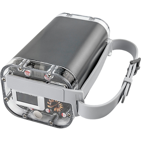 Grijze batterij, gedeeltelijk transparant, met riem en gesp.