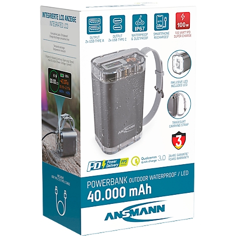 Outdoor powerbank, grijs, met LCD-scherm, USB-poorten en draagriem. Waterdicht en met LED.