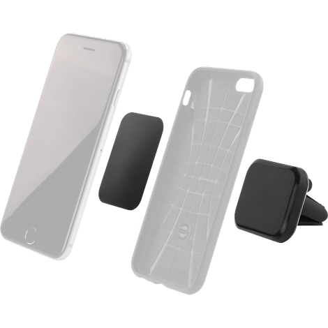 Smartphone, hoesje, magneetplaat en houder. Zwarte en grijze tinten. Technische accessoires.