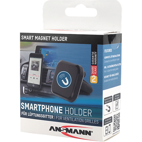 Smartphonehouder op productverpakking, met voorbeeld in een auto.