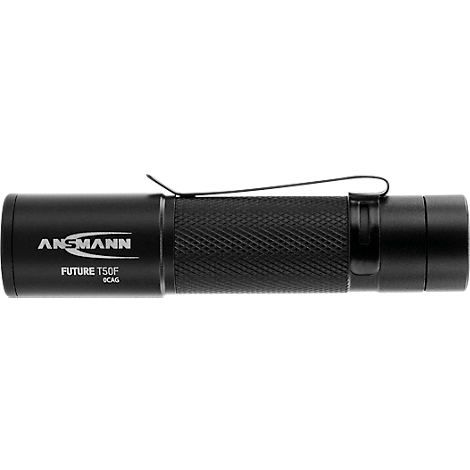 Black flashlight with the inscription ANSMANN, FUTURE T50F. With clip.