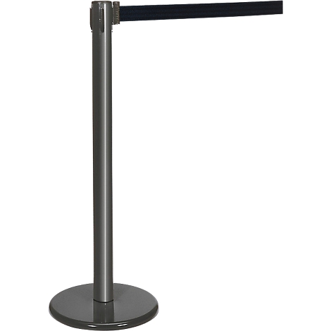 A grey stanchion with a black strap, set against a white background.