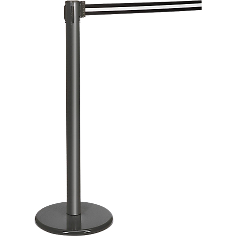 Grey stanchion with retractable black and white belt. The post has a round base.