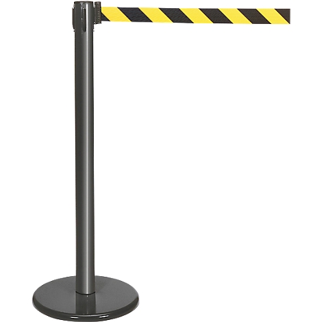 A gray stanchion with a yellow and black striped barrier tape extending to the side.