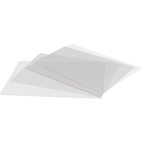 Several transparent foils overlap. They are arranged in a slightly fanned out manner.