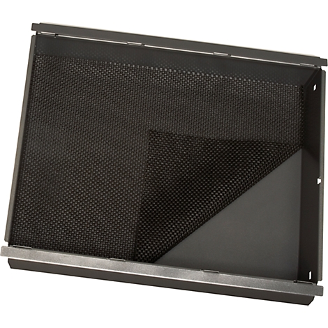 Rectangular, metal-framed box with a black, woven insert. The corner reveals a gray, triangular recess.