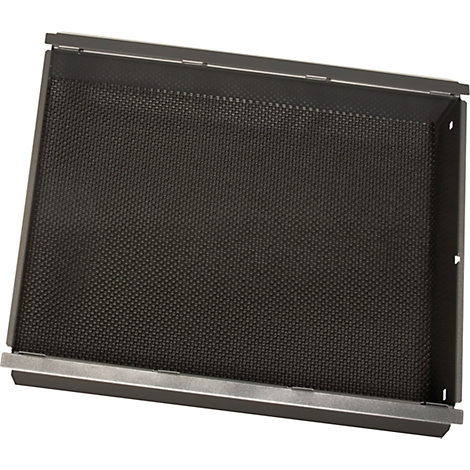 Rectangular black metal basket with a fine mesh grid bottom and silver metal edges.
