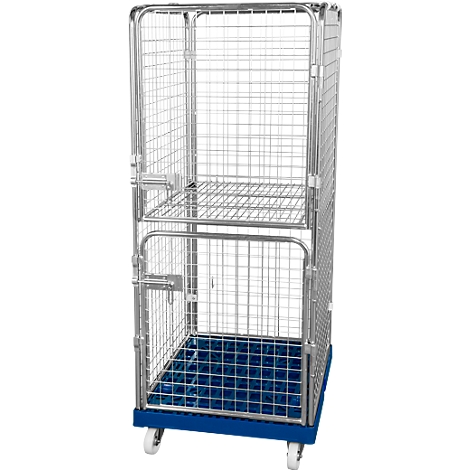 Metal mesh trolley, mobile, with blue base plate.
