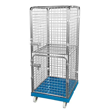 Metal roll container with wheels. The container has a blue floor, a grid structure and two doors.