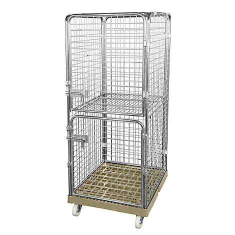 Metal mesh cage trolley, two-tiered, on wheels. Grey grids, beige base with rollers.