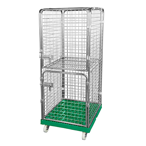 Wire mesh cart with wheels and green base plate, on a white background.