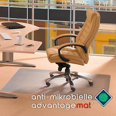 Office chair on a transparent mat in front of a window. The mat reads 'anti-microbial advantagemat'.