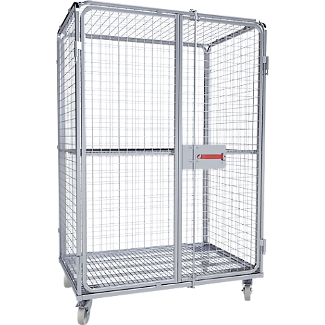 Metalen gaaswagen met wielen en twee deuren.