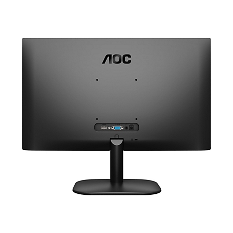 Rückseite eines schwarzen AOC Monitors mit Standfuß und sichtbaren HDMI-, D-Sub- und Stromanschlüssen.